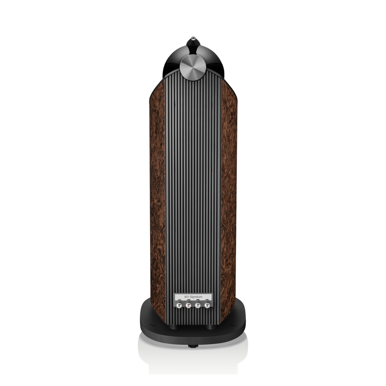 Tall, cylindrical speaker with wooden front panel on a white background