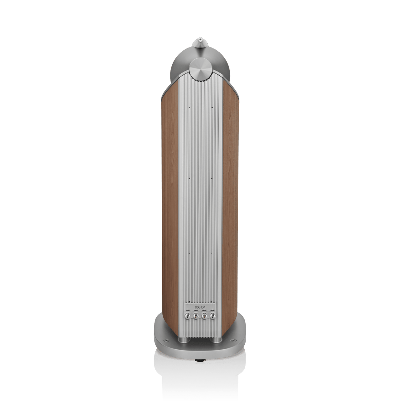 Tall cylindrical speaker with wooden finish and silver accents on a white background