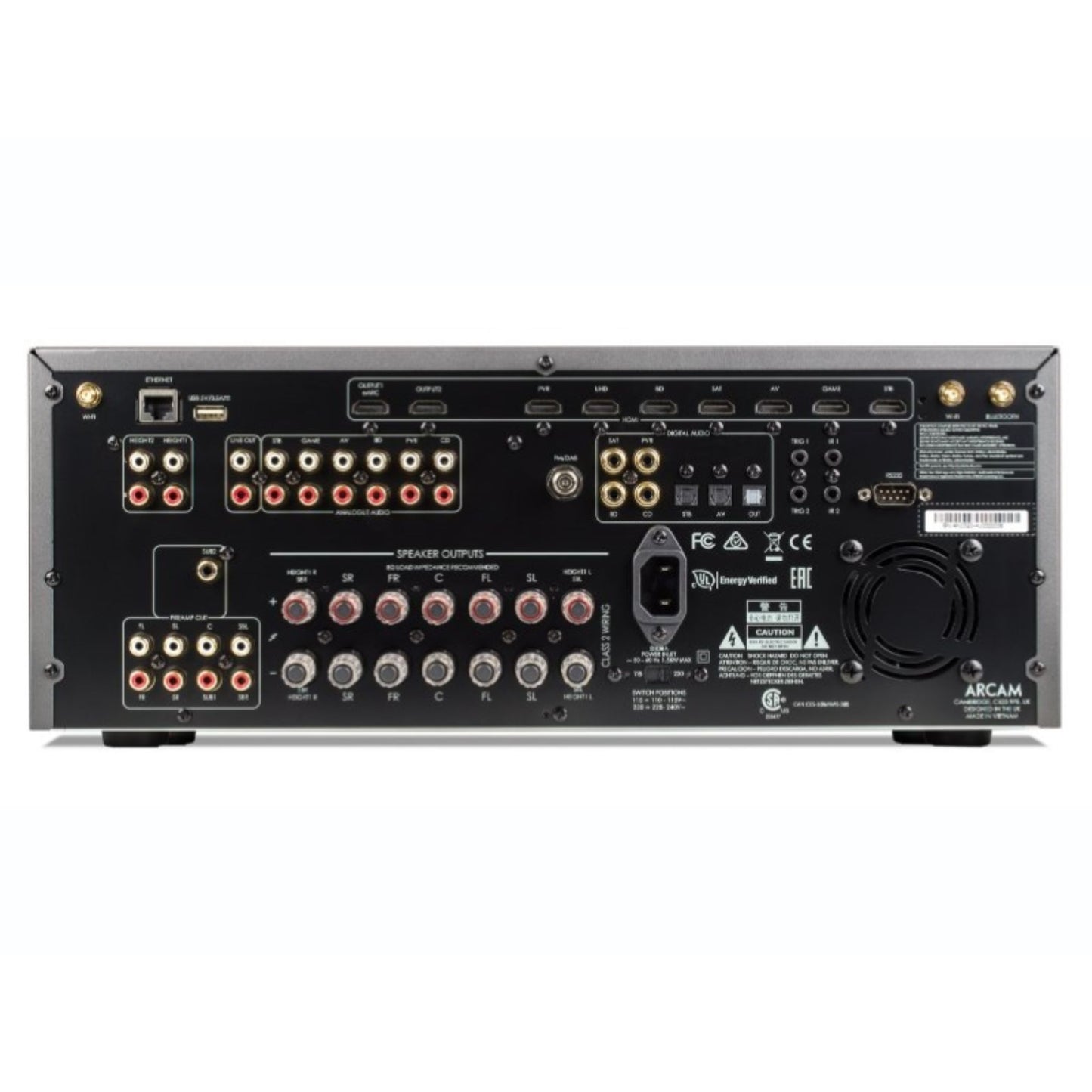 Gray Arcam AVR11 HDMI 2.1 Class AB AV Receiver back view