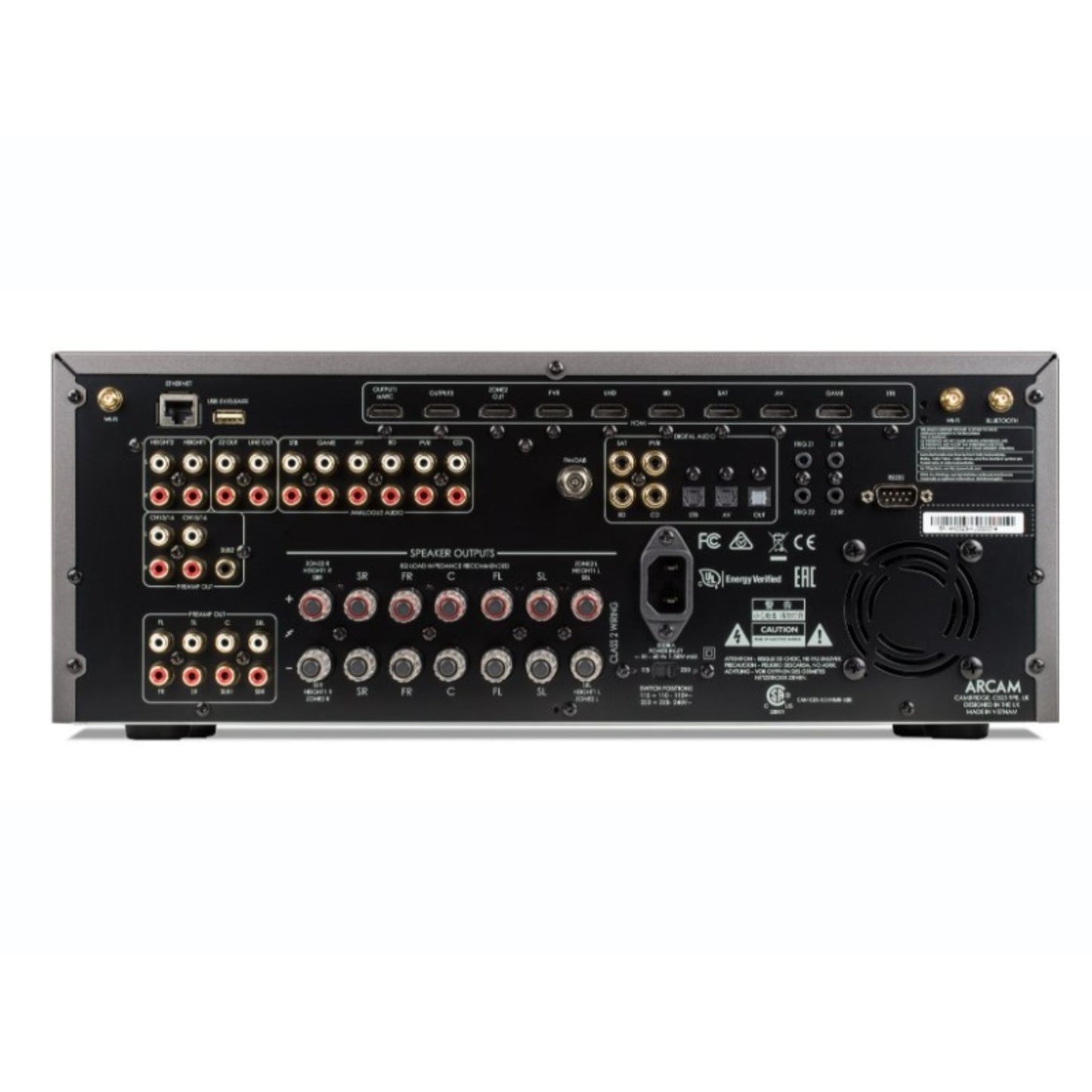 Gray Arcam AVR21 HDMI 2.1 High Power Class AB AV Receiver back view