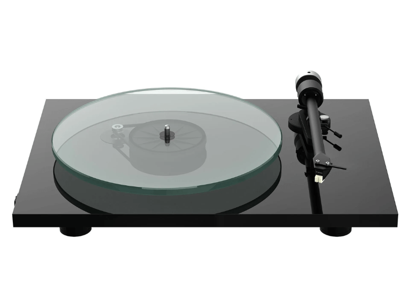 Turntable with glass platter on a white background