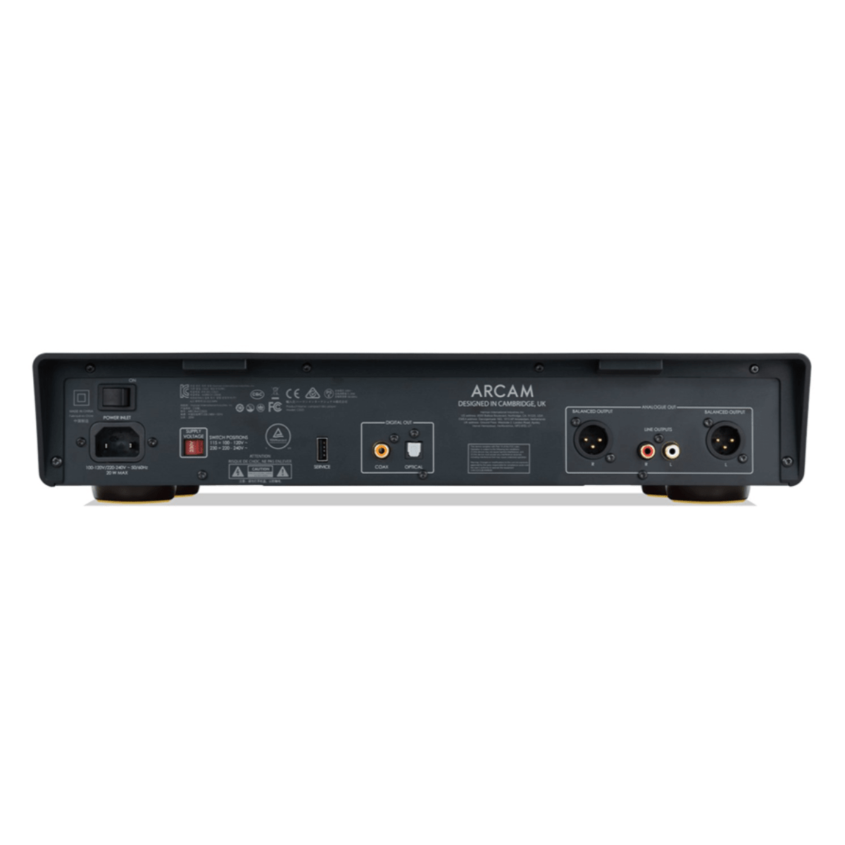 Arcam CD25 CD player rear panel showing balanced XLR outputs, RCA line outputs, coaxial and optical digital outputs