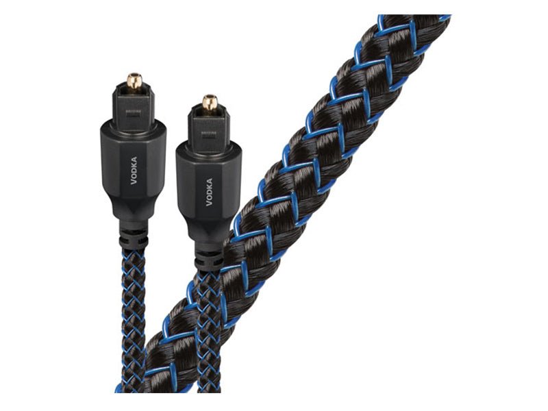 Braided audio cable with black and blue design on a white background