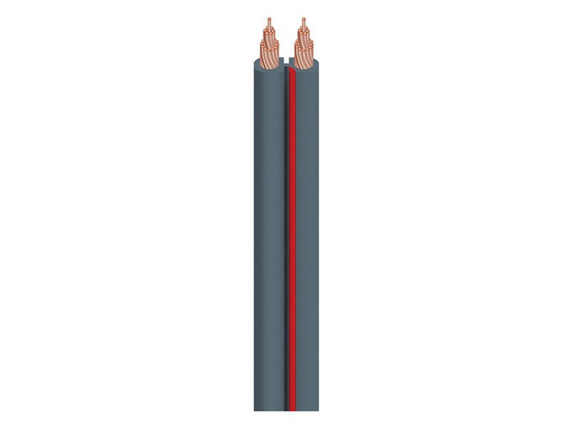 Two electrical cables with copper conductors and a red stripe on a white background
