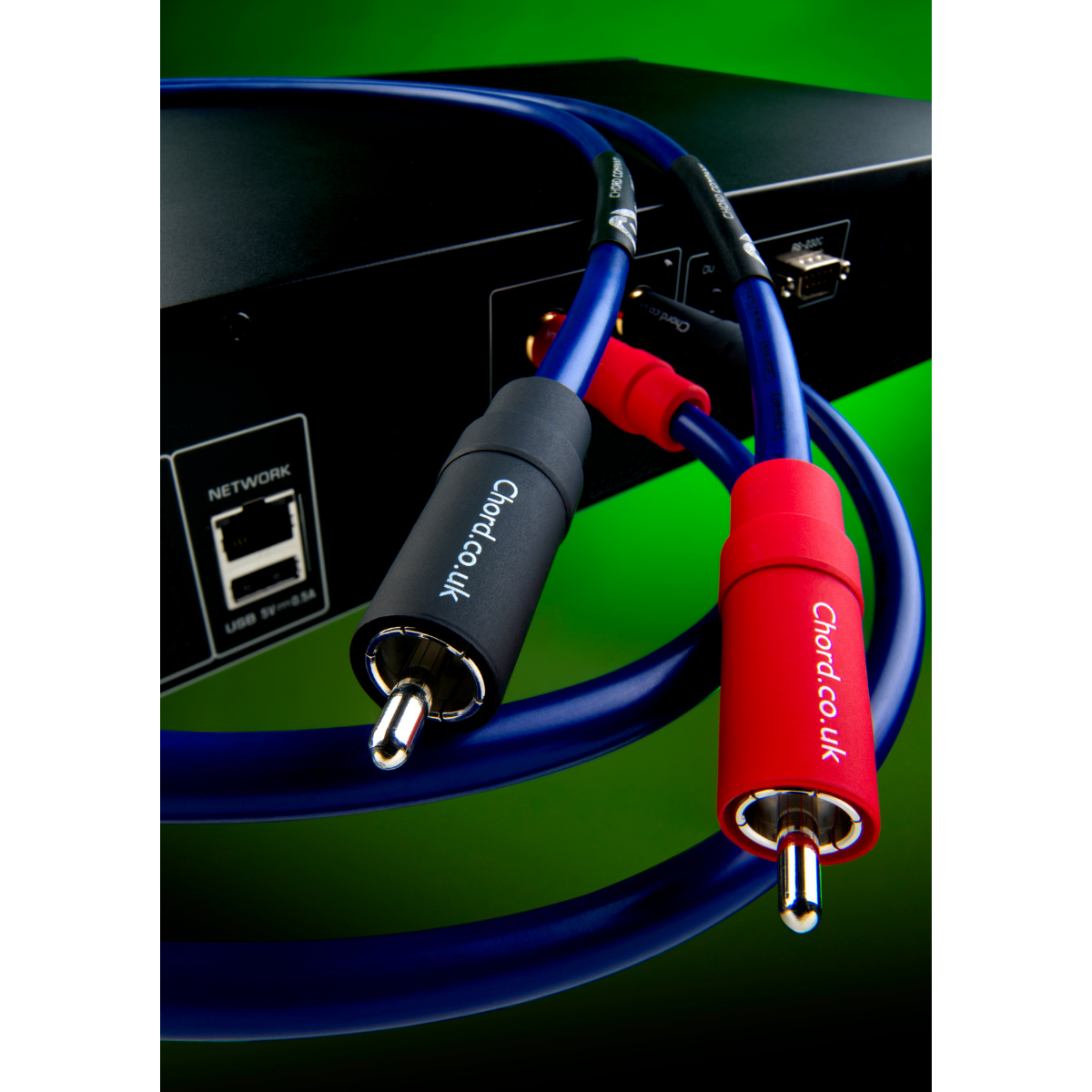 Chord ClearwayX ARAY RCA interconnect with red and black RCA plugs connected to the rear panel of an audio component