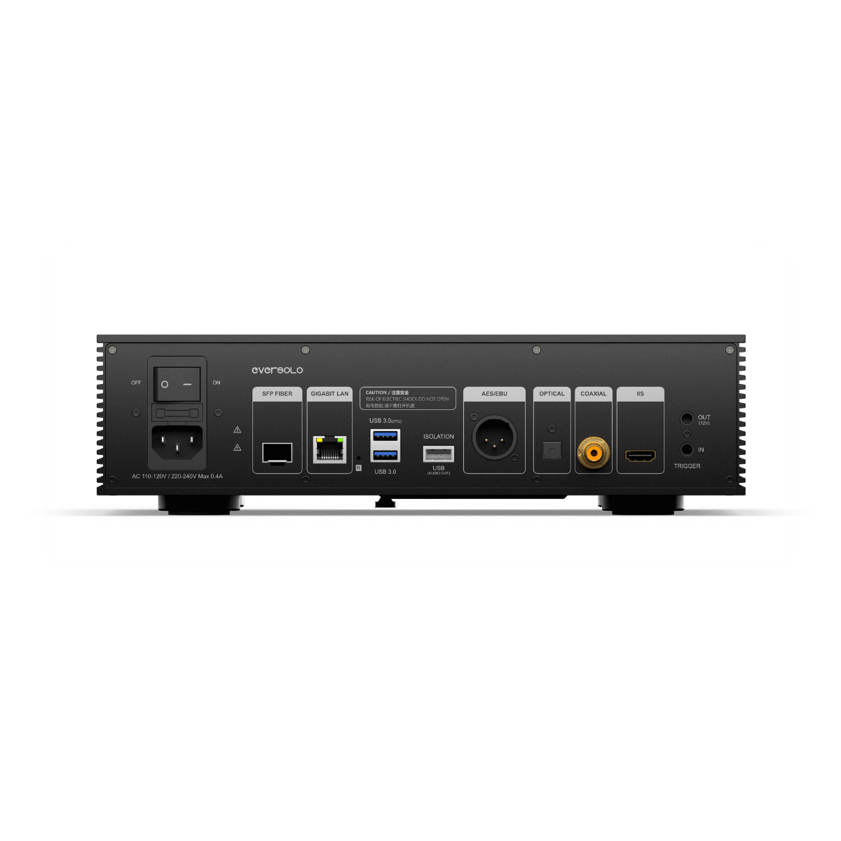 Back view of a black electronic device with various ports on a white background