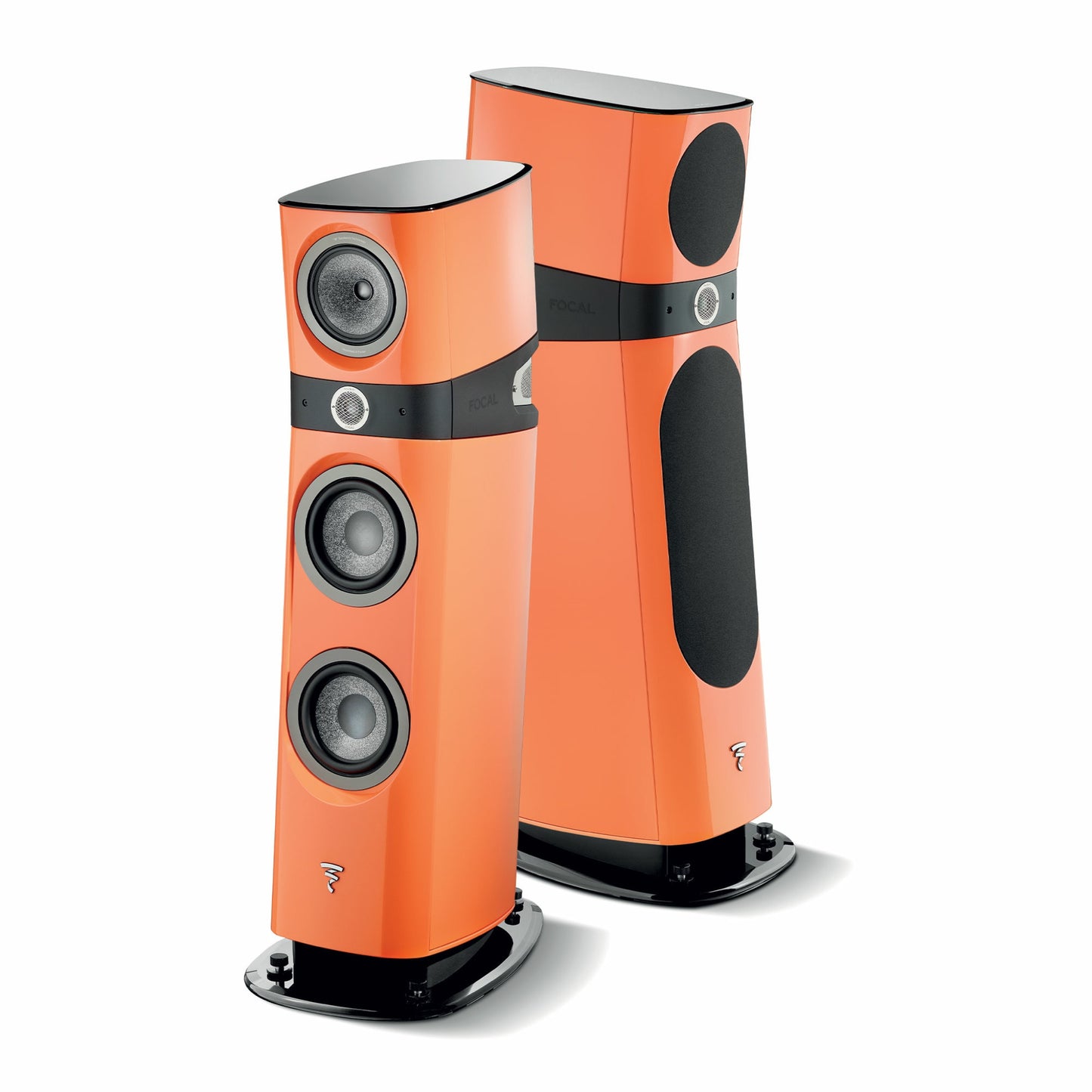 pair of focal sopra n2 floorstanding speakers in orange