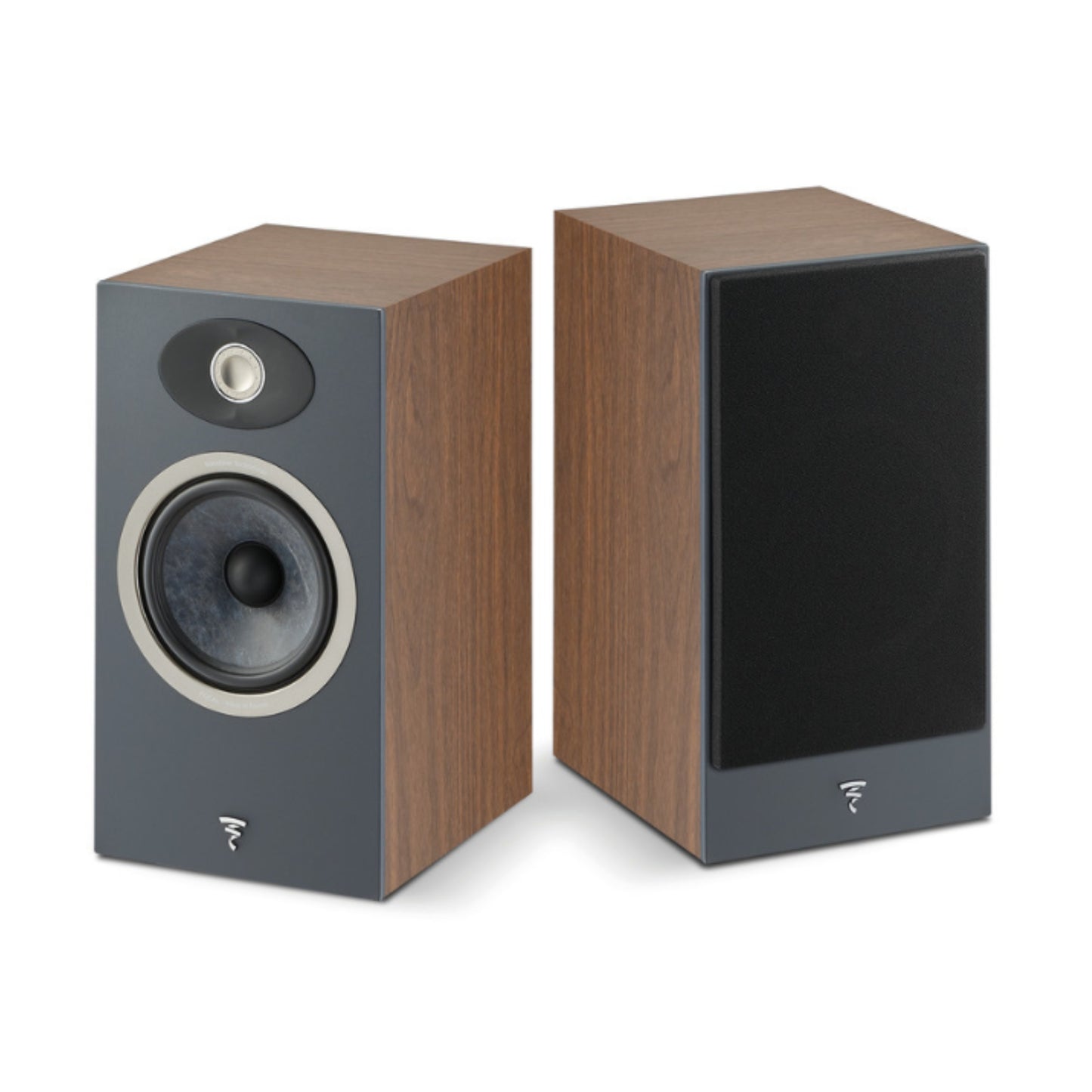 pair of focal theva n1 bookshelf speakers in dark wood