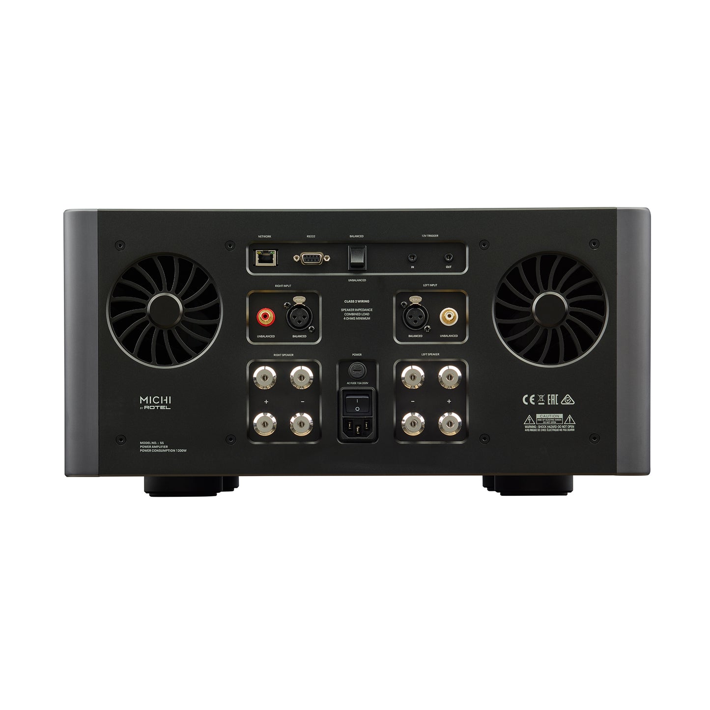 Back view of a black audio equipment unit with various ports and labels on a white background