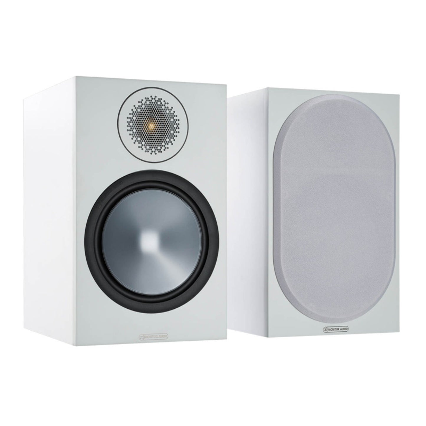Pair of white speakers on a white background
