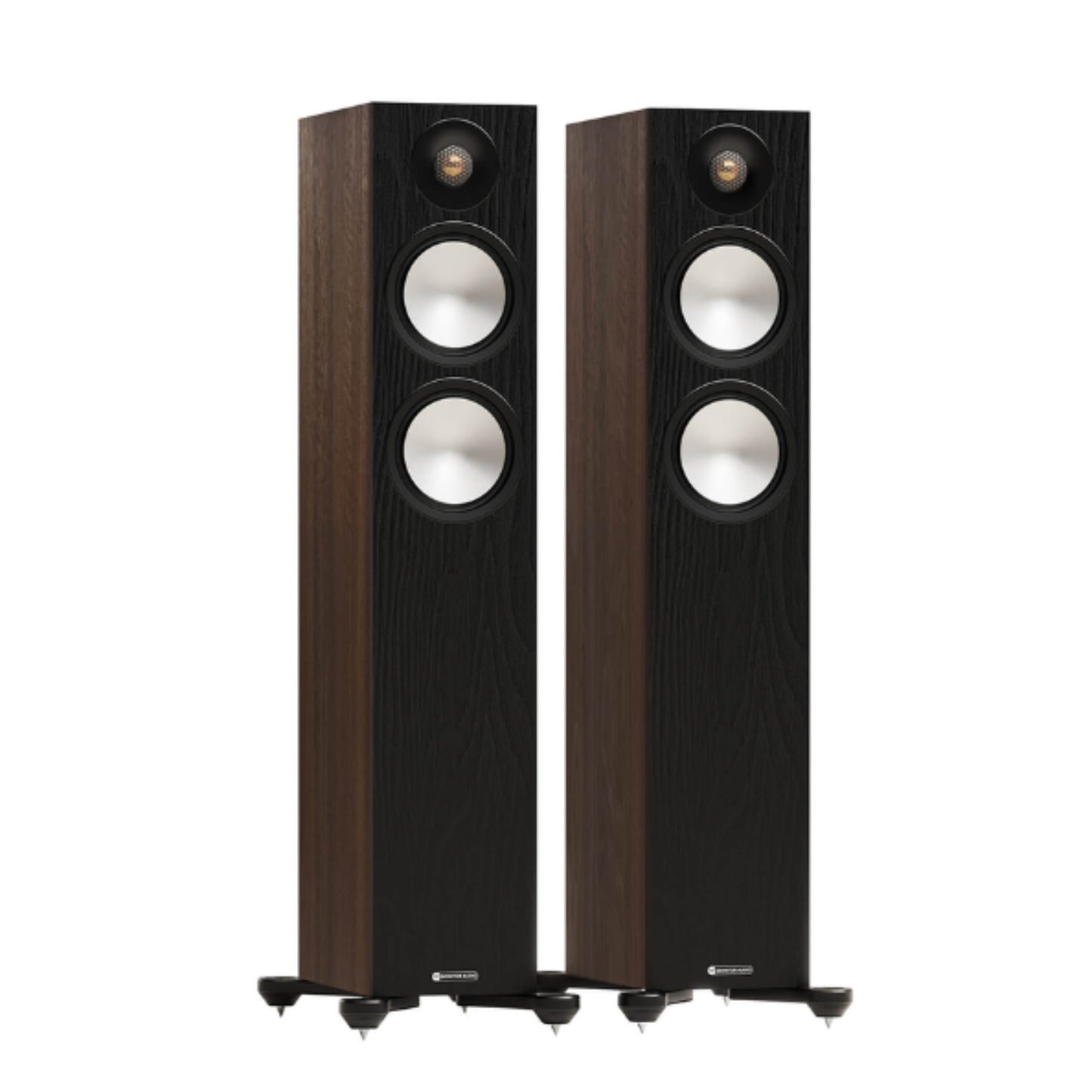 pair of monitor audio bronze 300 7g floorstanding speakers in walnut color