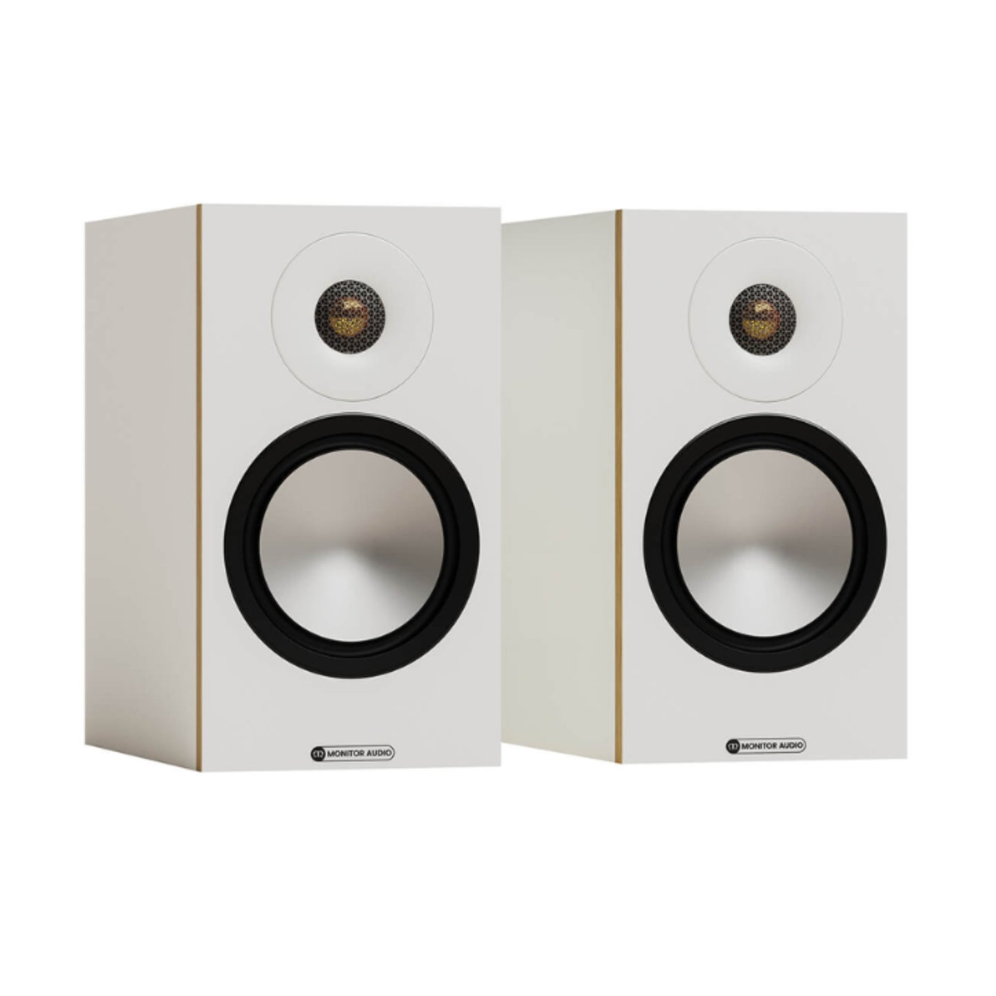 pair of white monitor audio bronze 50 bookshelf speakers
