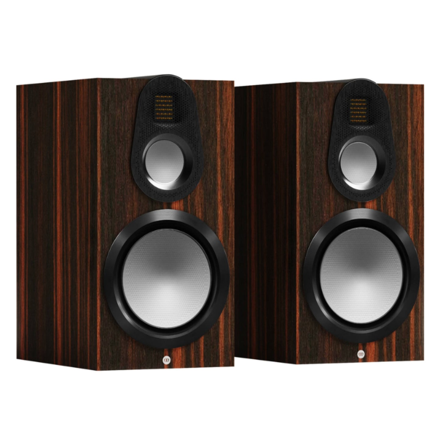 pair of monitor audio gold 100 6g bookshelf speakers in dark walnut color