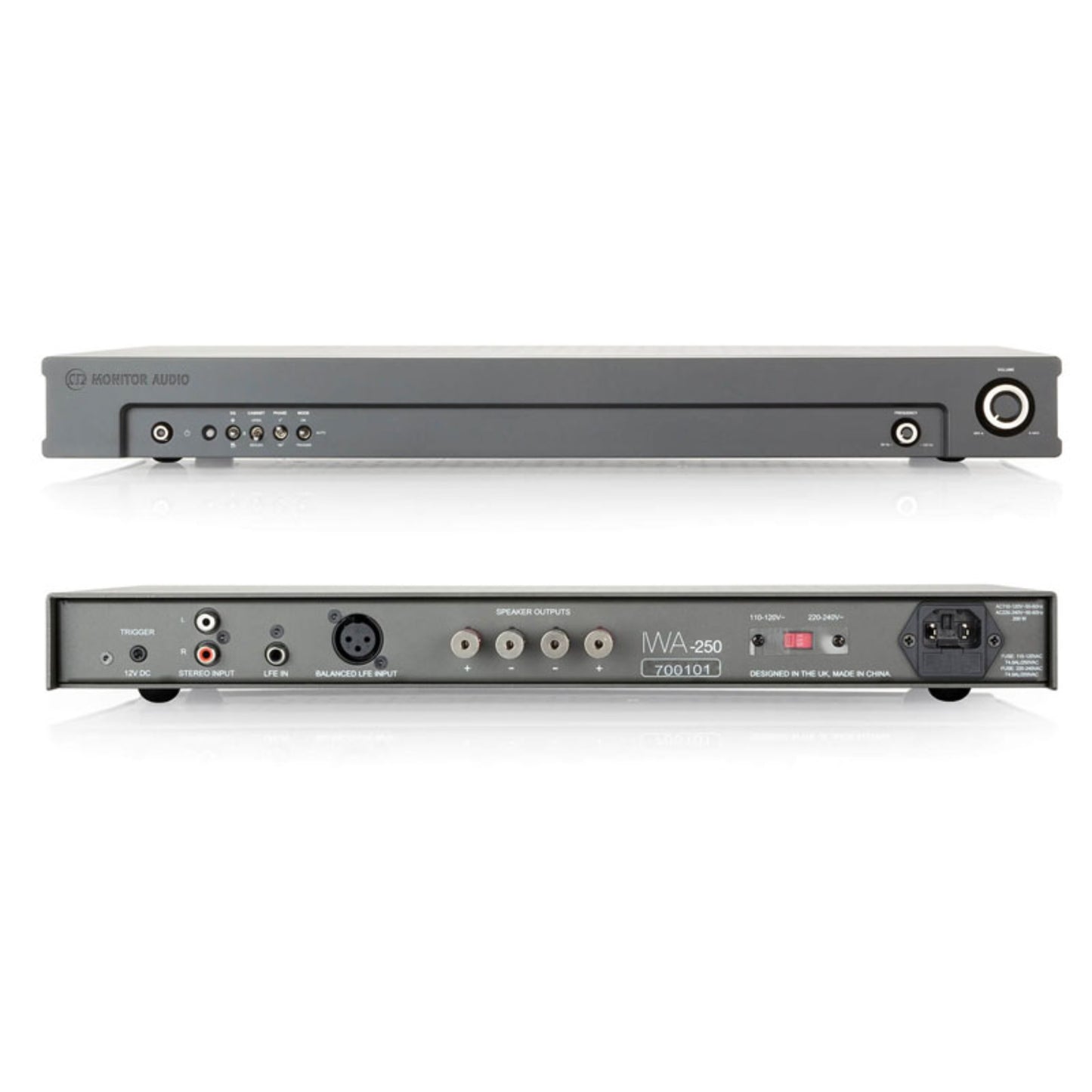front and back view of monitor audio iwa-250 power amplifier in grey color on white background