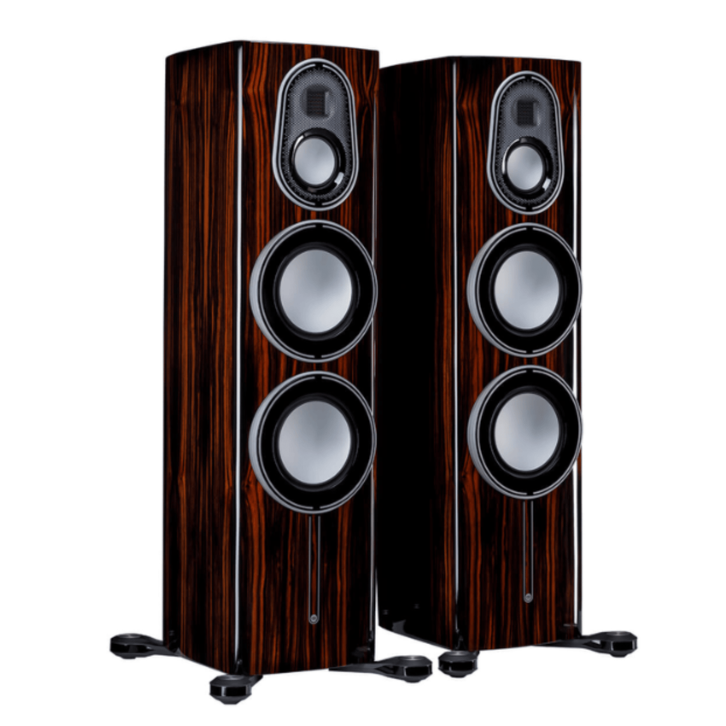 pair of monitor audio platinum 300 3g floorstanding speakers in piano ebony color