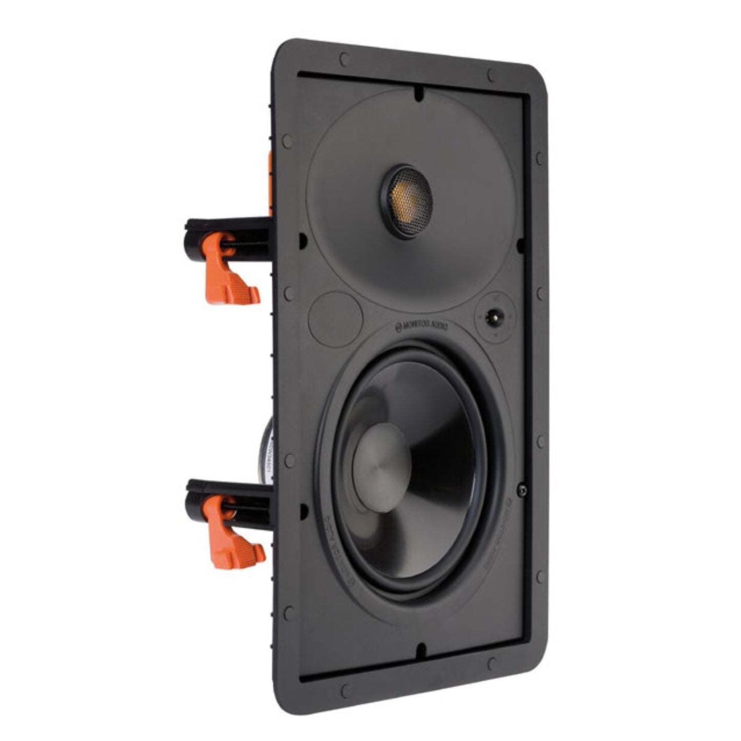Black ceiling speaker with orange mounting hardware on a white background