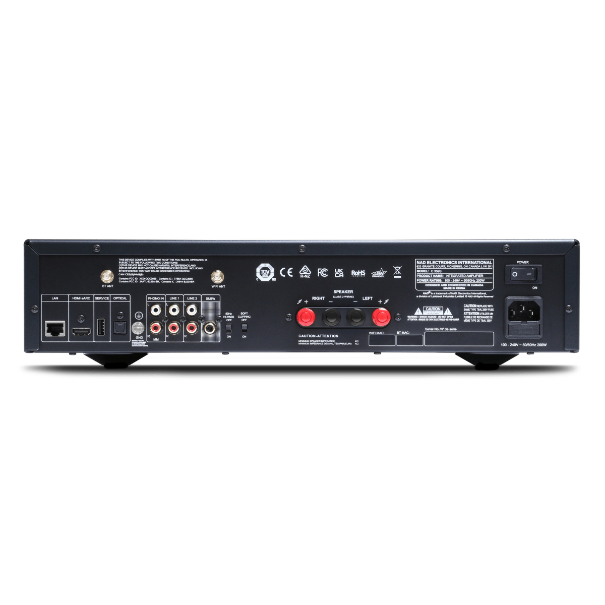 NAD C 359S rear panel showing LAN, HDMI eARC, optical, phono, line, and subwoofer inputs, speaker binding posts, and Wi-Fi and Bluetooth antennas