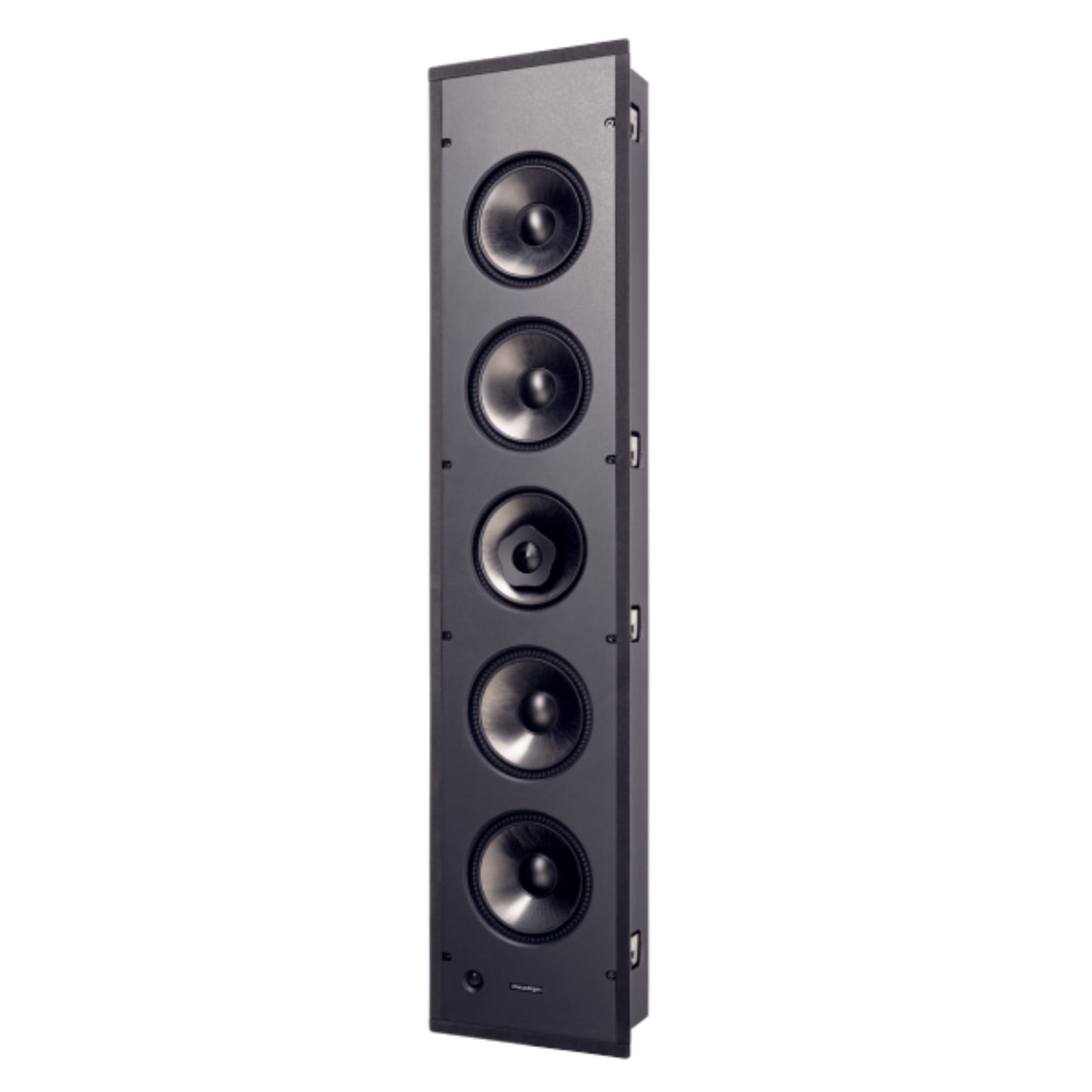 Tall black speaker with multiple drivers on a white background