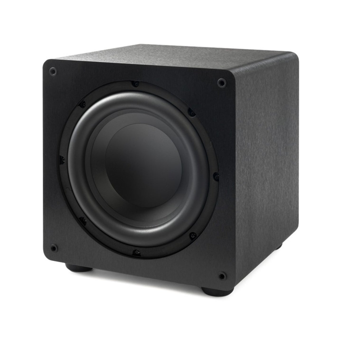 angled front view of paradigm essentials sub 10 subwoofer in black color
