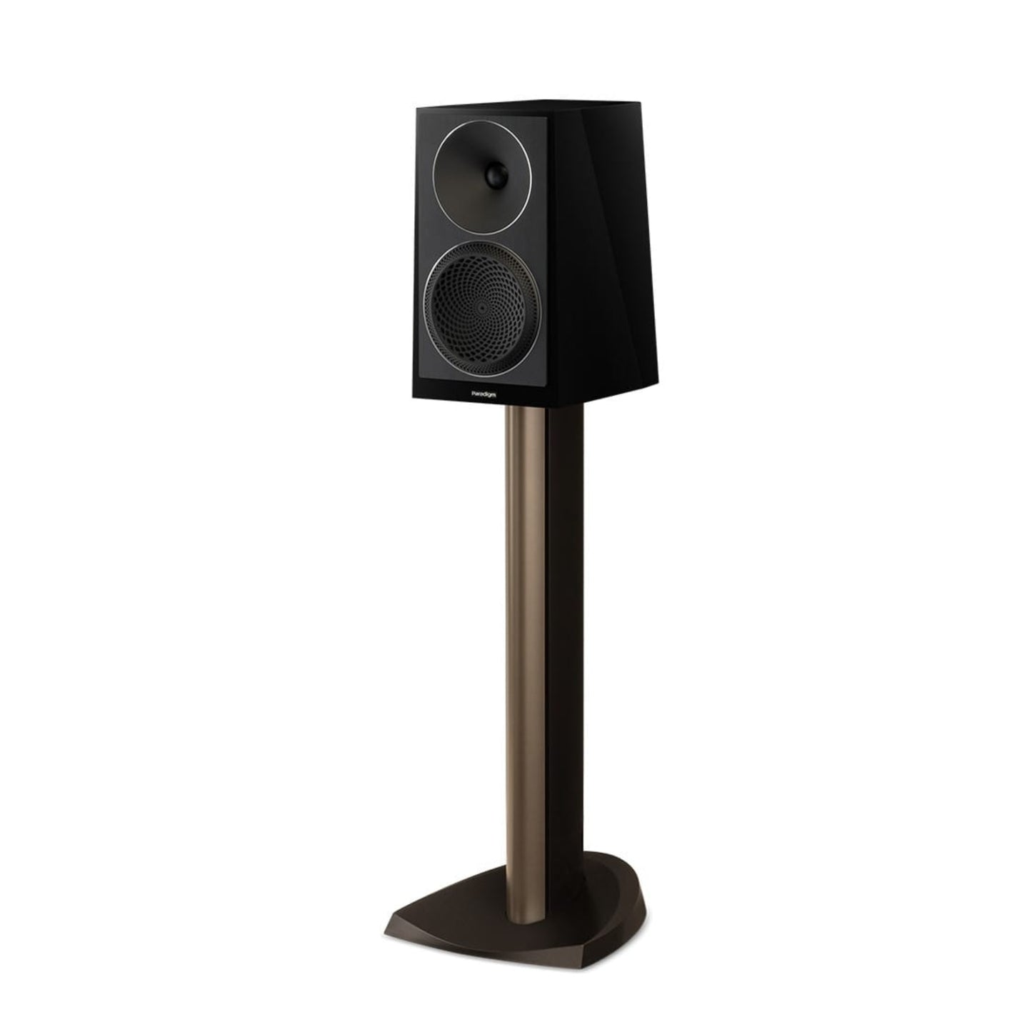 Black speaker on a stand against a white background