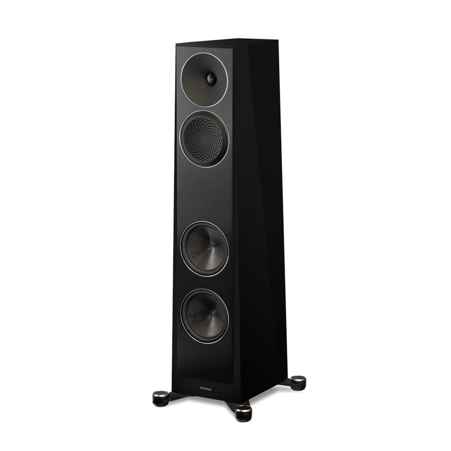 Black floor-standing speaker on a white background