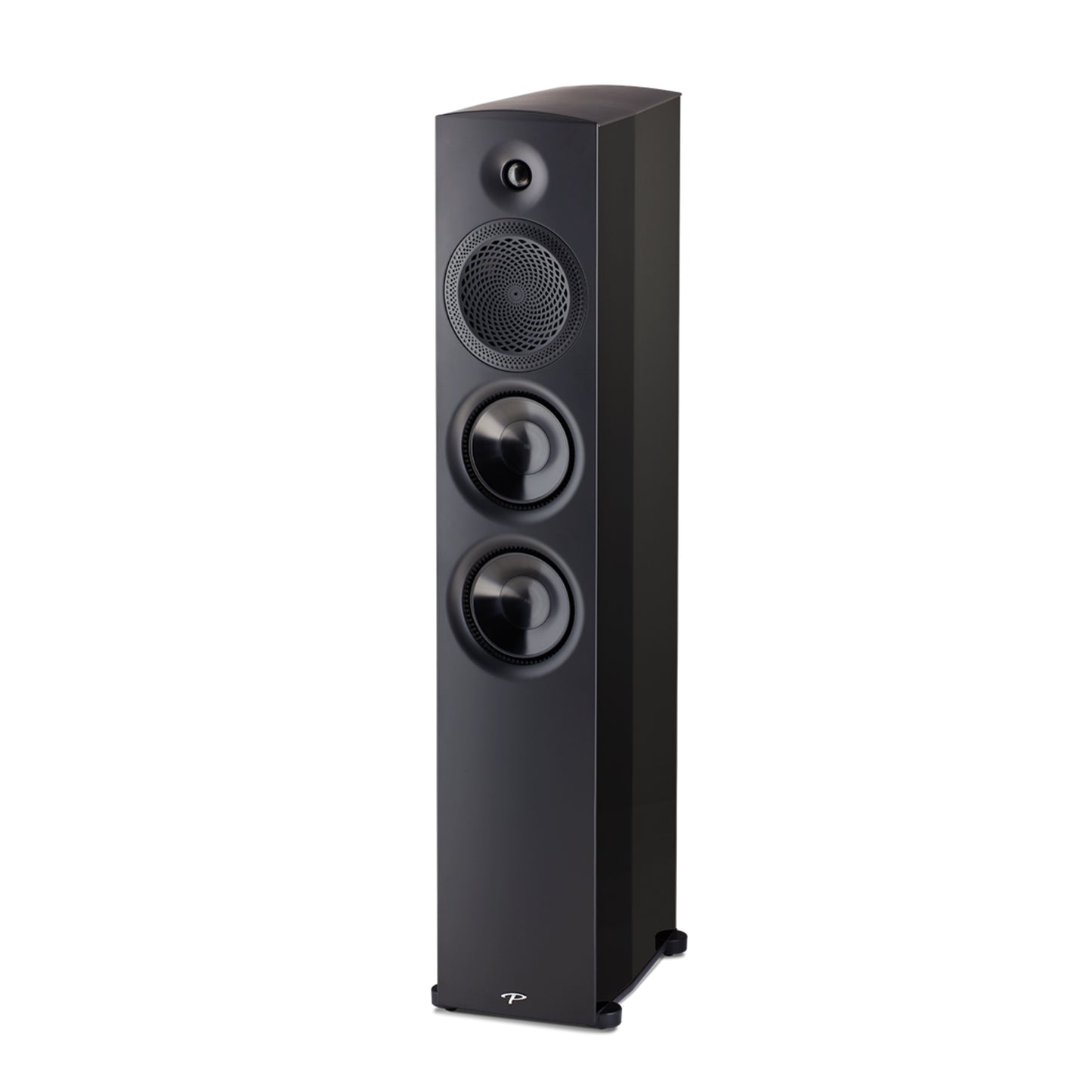 Black three-way speaker on a white background
