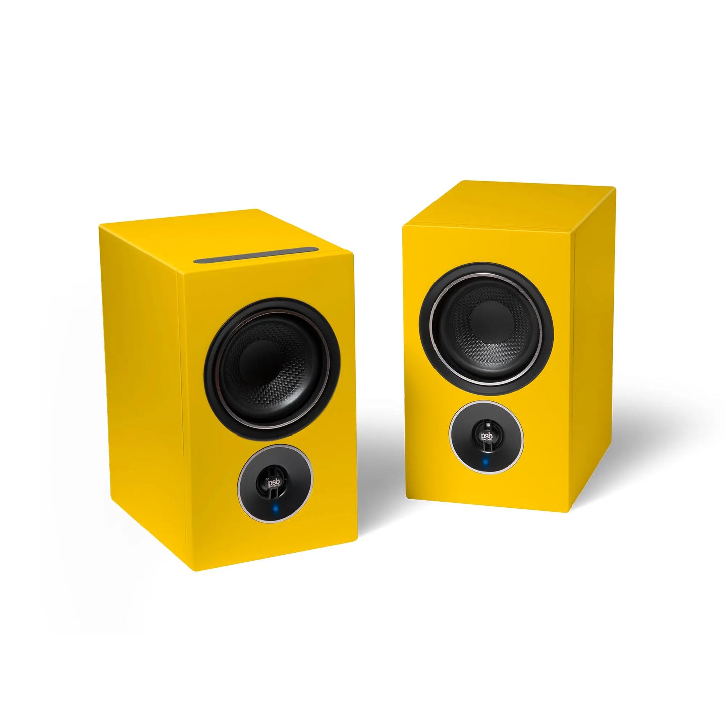 Pair of yellow speakers on a white background