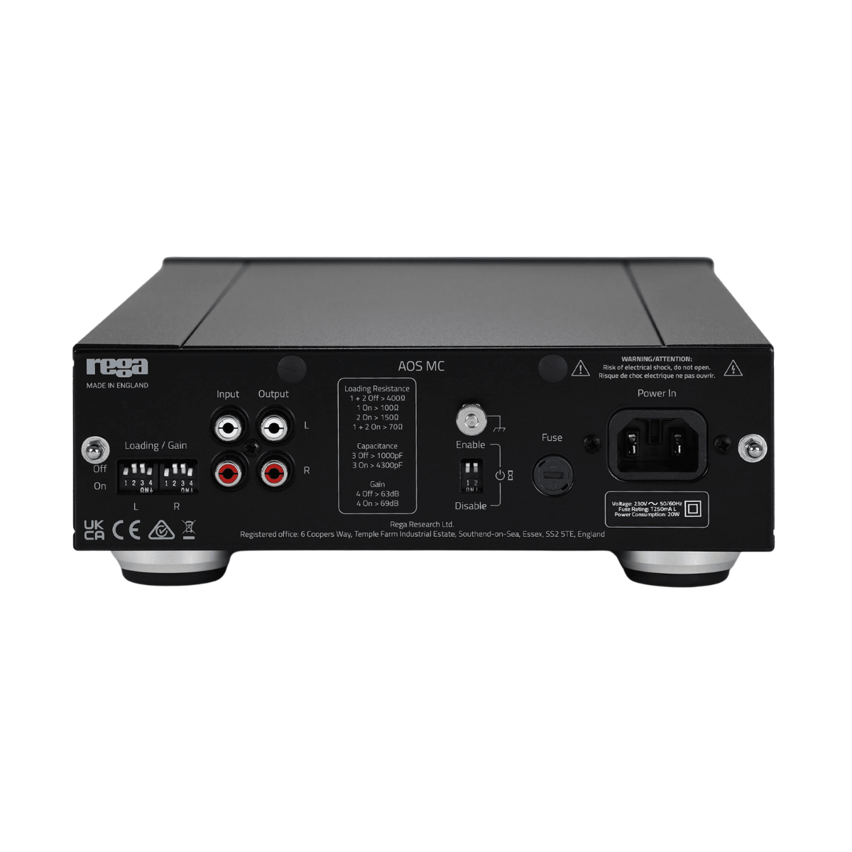 back side of rega aos mc moving coil phono preamp