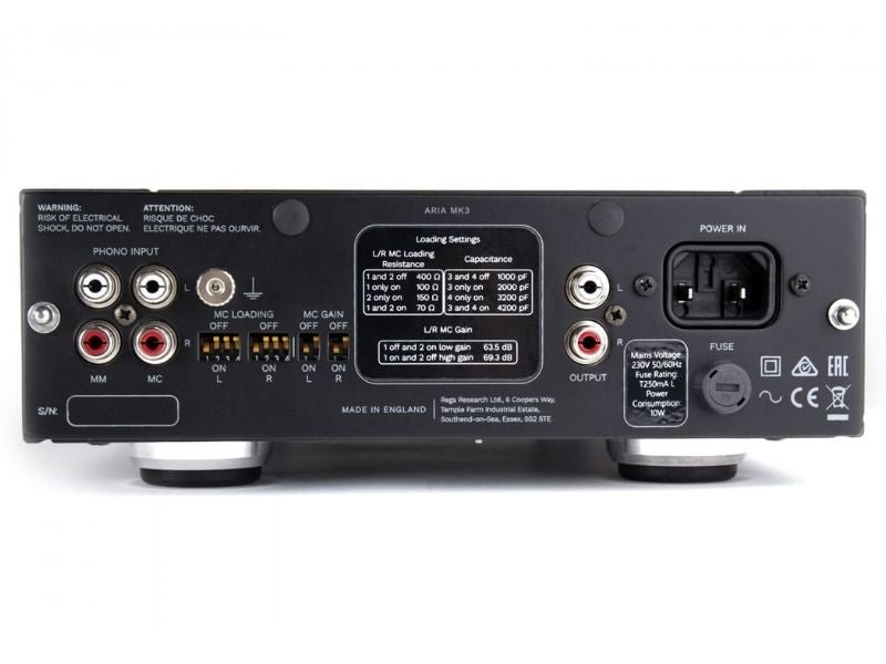 Back view of an audio component with various connectors and labels on a white background