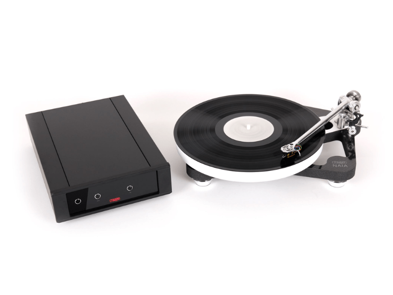 Turntable with vinyl record on a white background