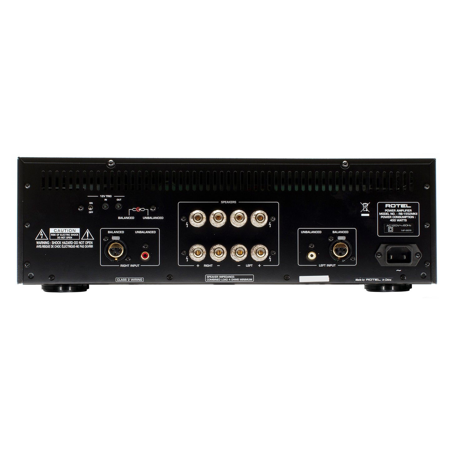 back panel of rotel rb1552 mkii 2 channel power amp