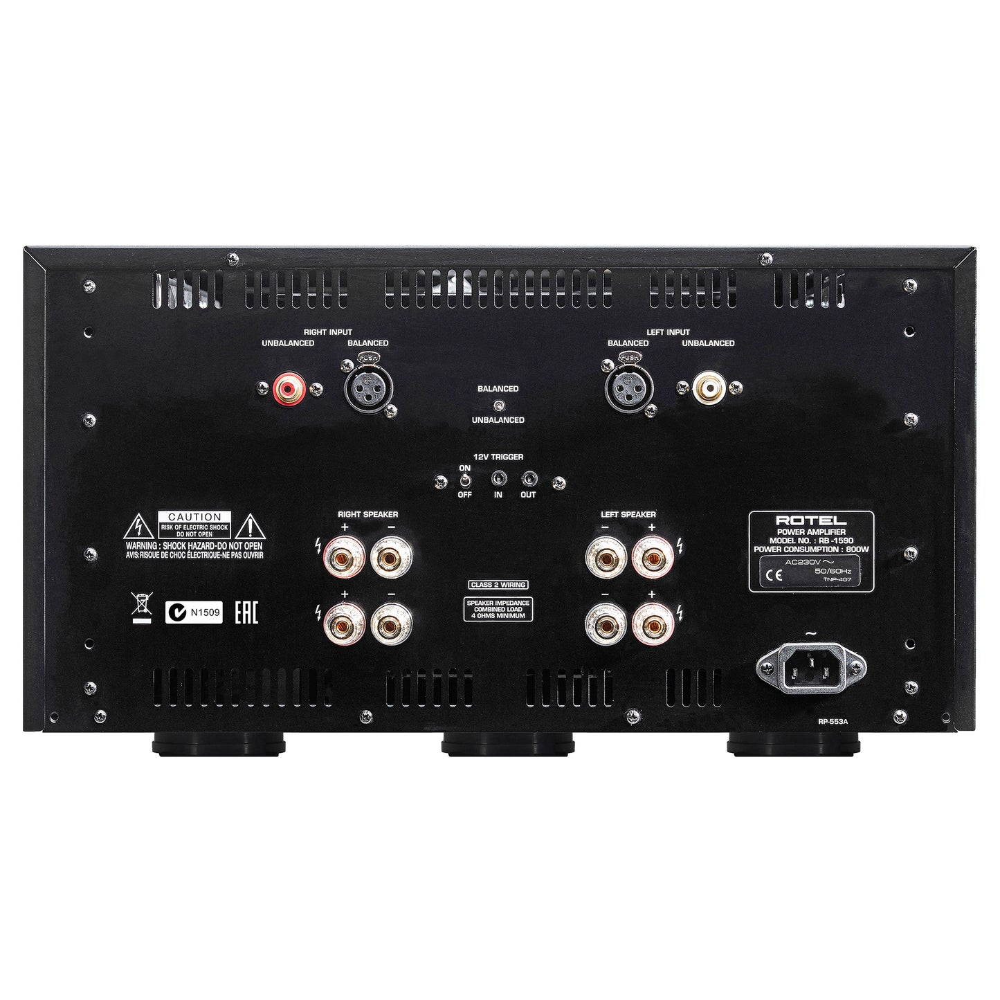 Back panel of an audio equipment with various connectors on a white background