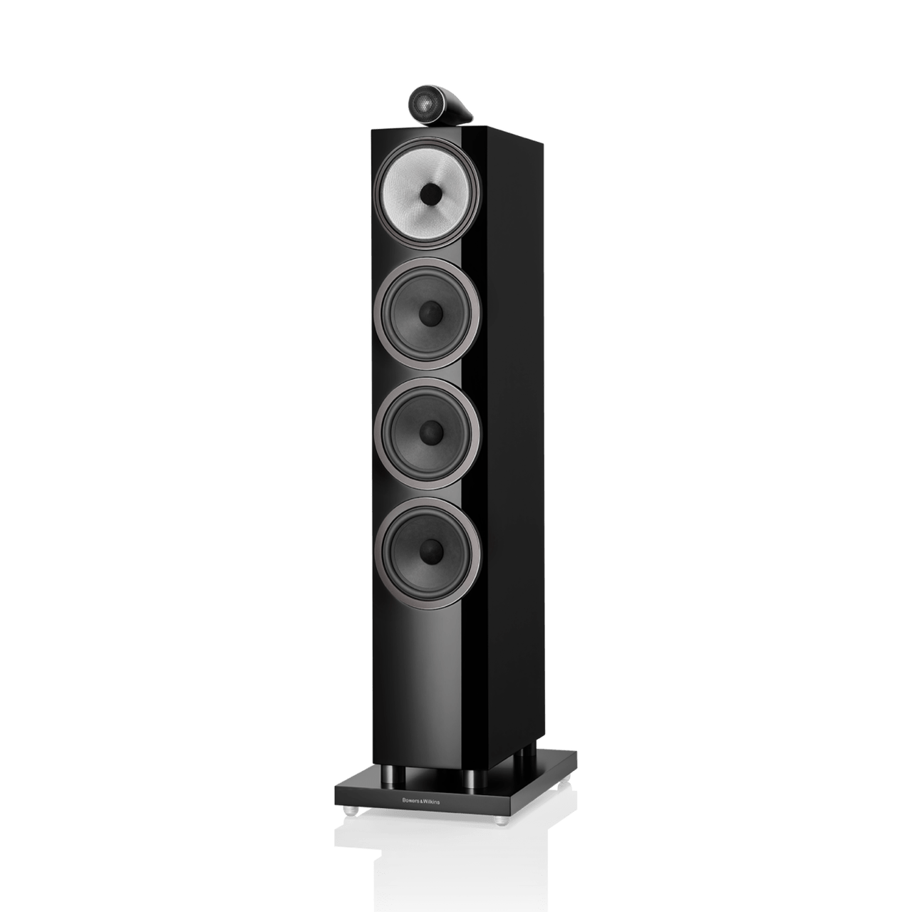 Black floor-standing speaker on a white background