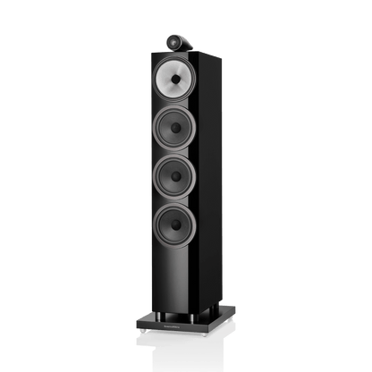 Black floor-standing speaker on a white background