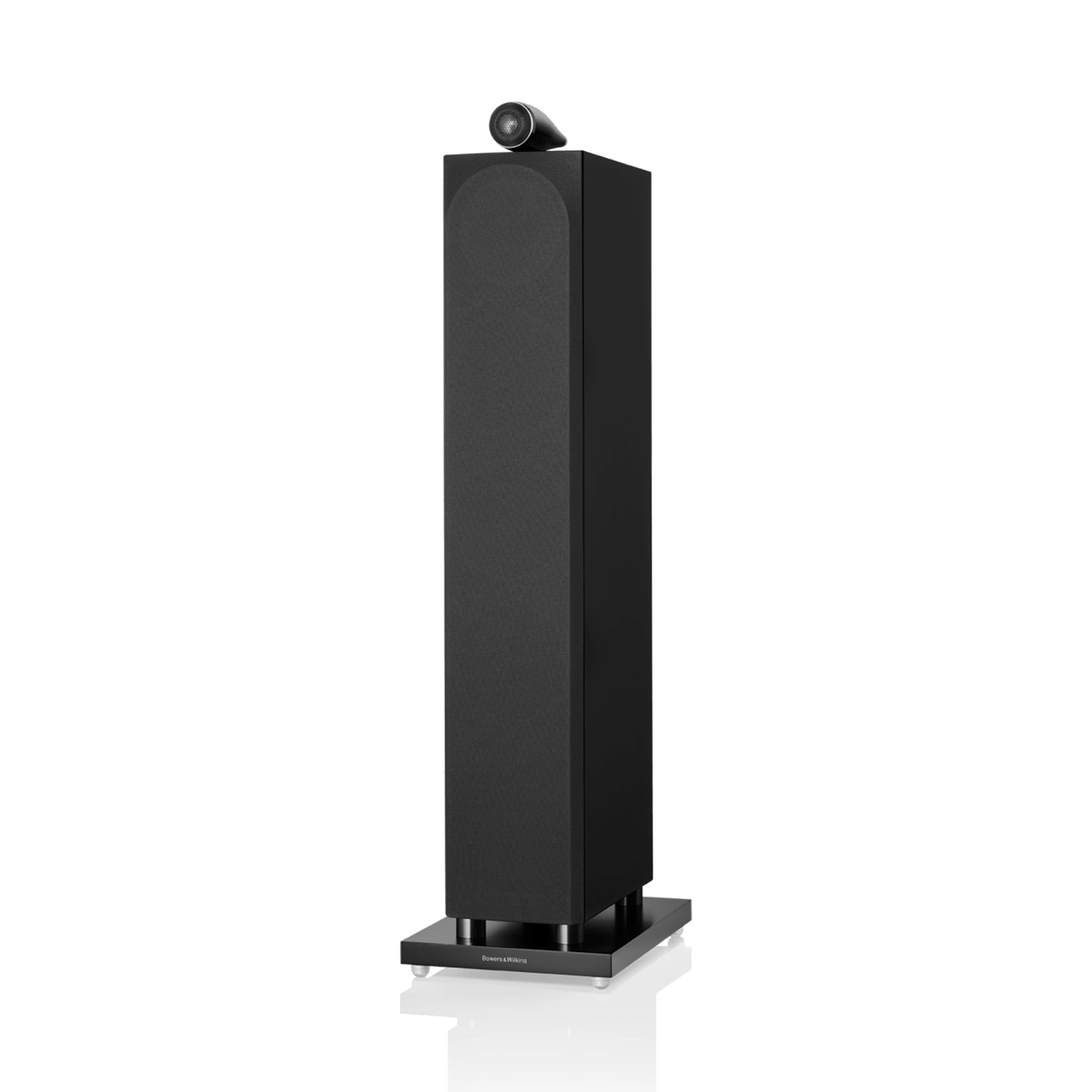 Black floor-standing speaker on a white background