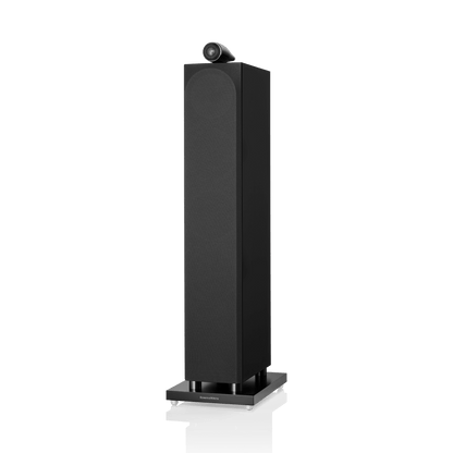 Black floor-standing speaker on a white background