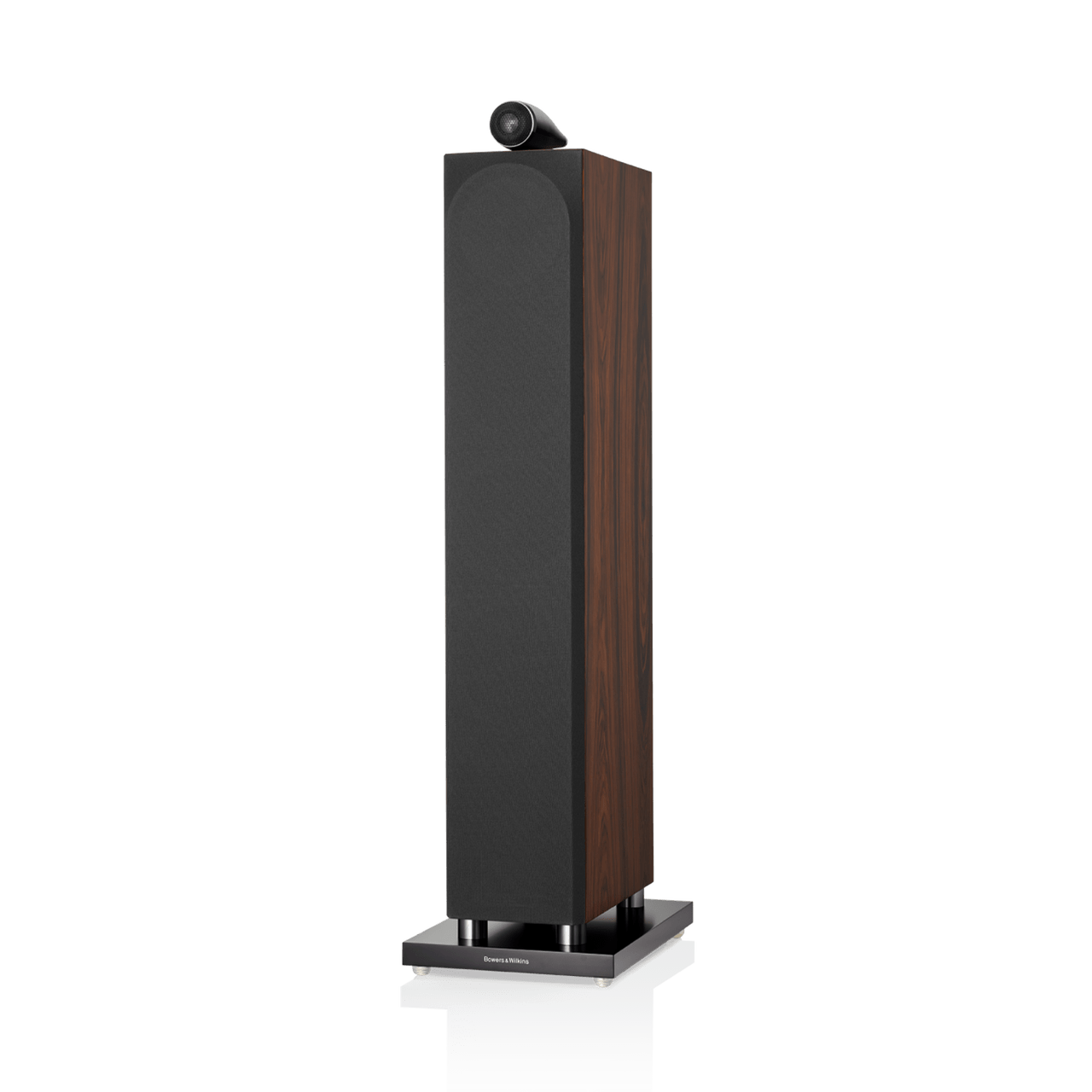 Tall black and wood speaker on a white background