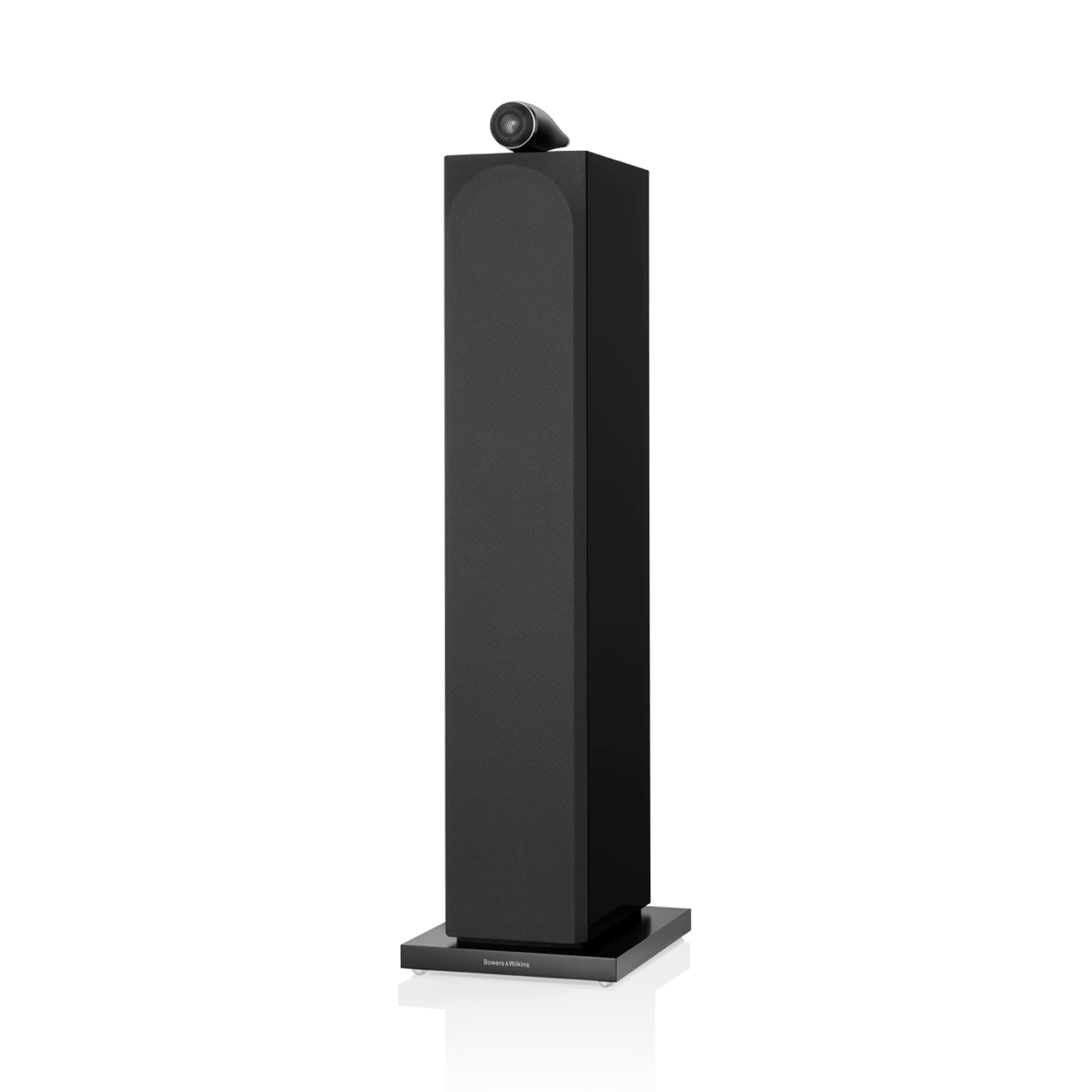 Black floor-standing speaker on a white background