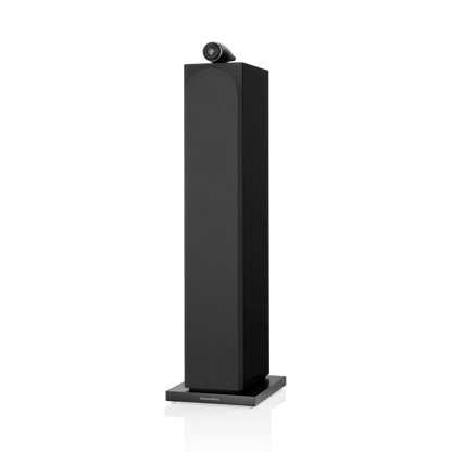 Black floor-standing speaker on a white background