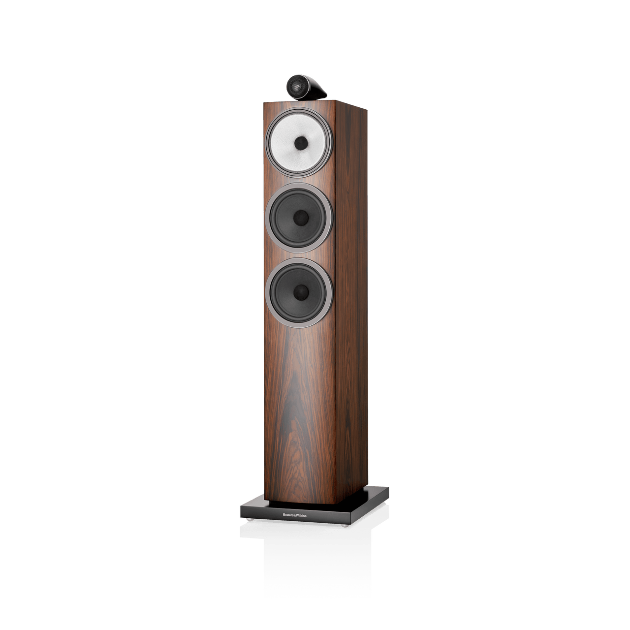 Wooden floor-standing speaker with a white background