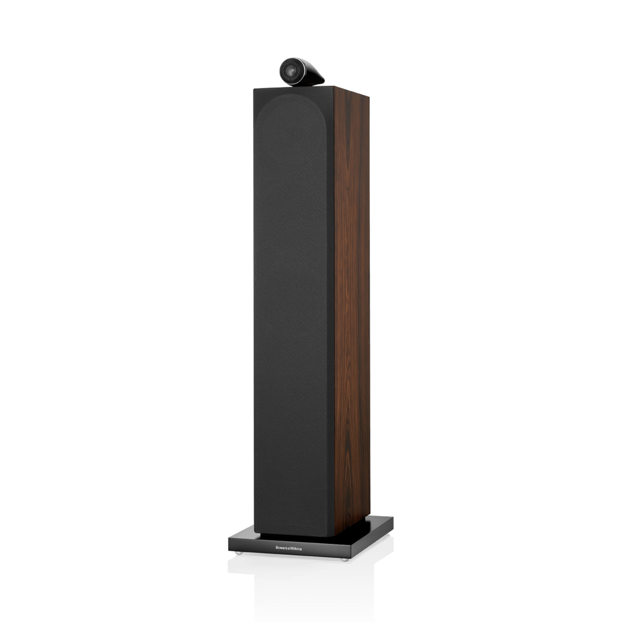 Tall black and wood speaker on a white background