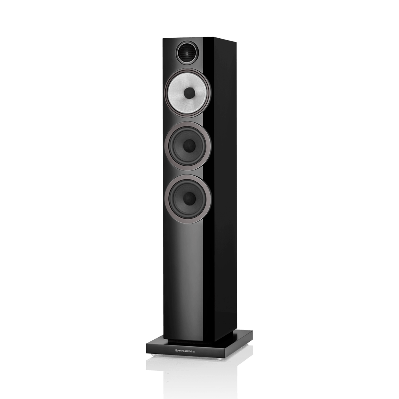 Black floor-standing speaker on a white background