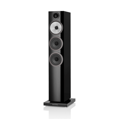 Black floor-standing speaker on a white background