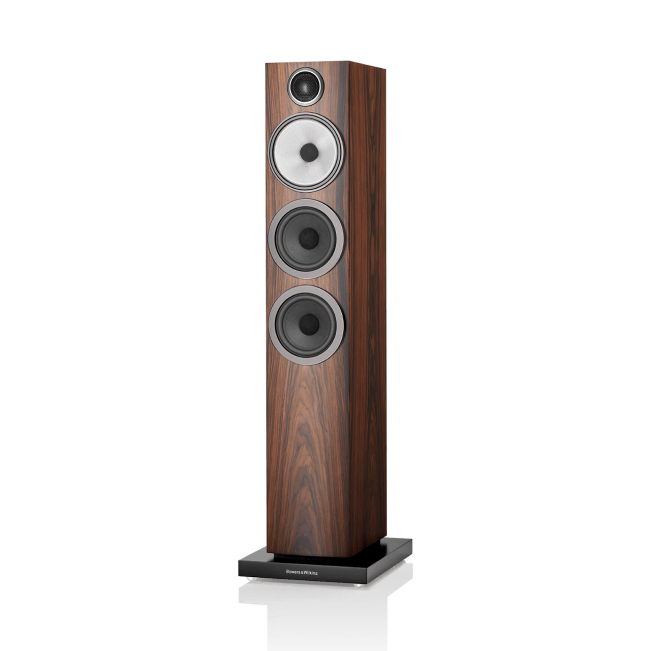 Wooden floor-standing speaker with three circular speakers on a white background