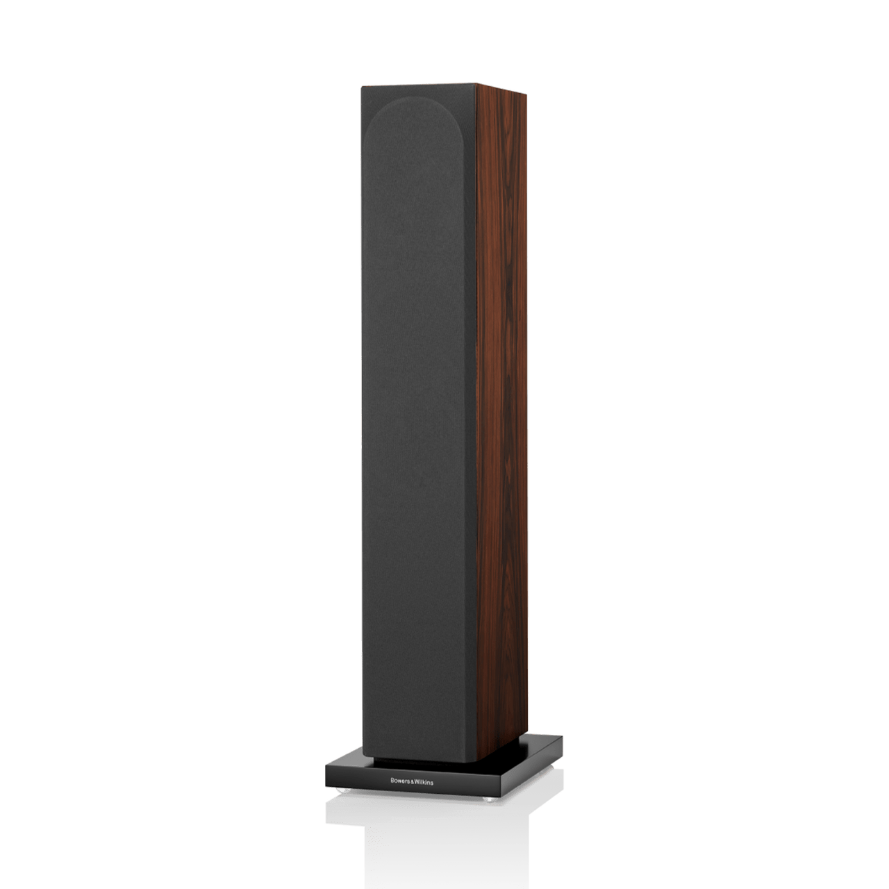 Tall speaker with wooden front panel on a white background