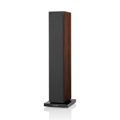 Tall speaker with wooden front panel on a white background