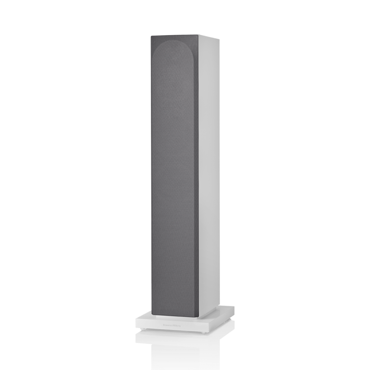 Tall, thin speaker with a gray top and white base on a white background