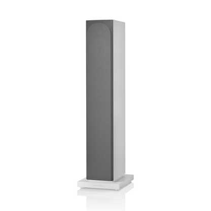 Tall, thin speaker with a gray top and white base on a white background