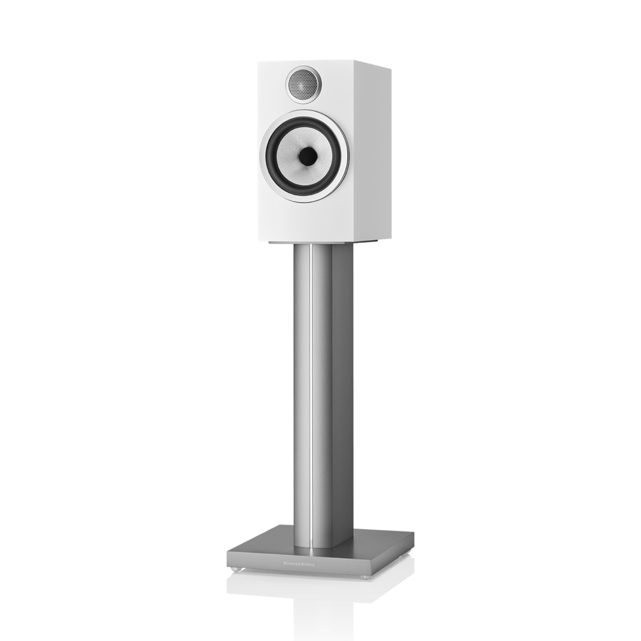 White speaker on a stand with a white background