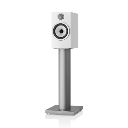 White speaker on a stand with a white background